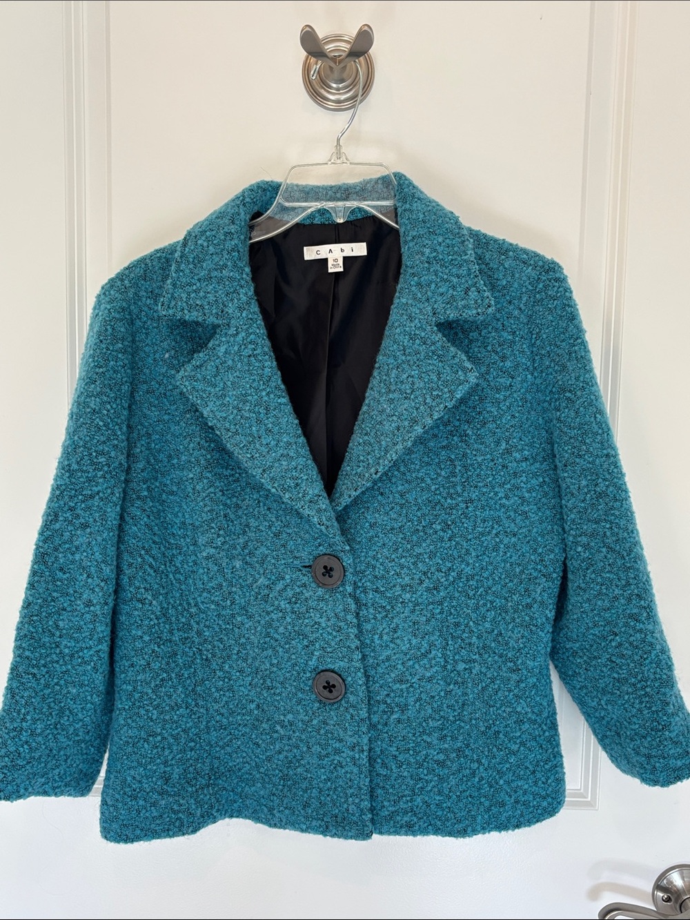 CAbi Teal Bouclé jacket — Two-Button Cropped